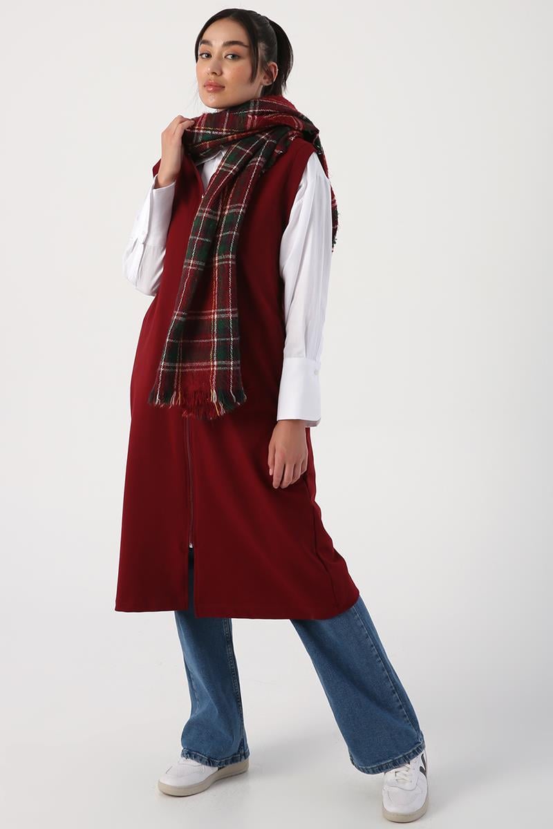 Claret Red-Shoulder Stripe Zippered Vest