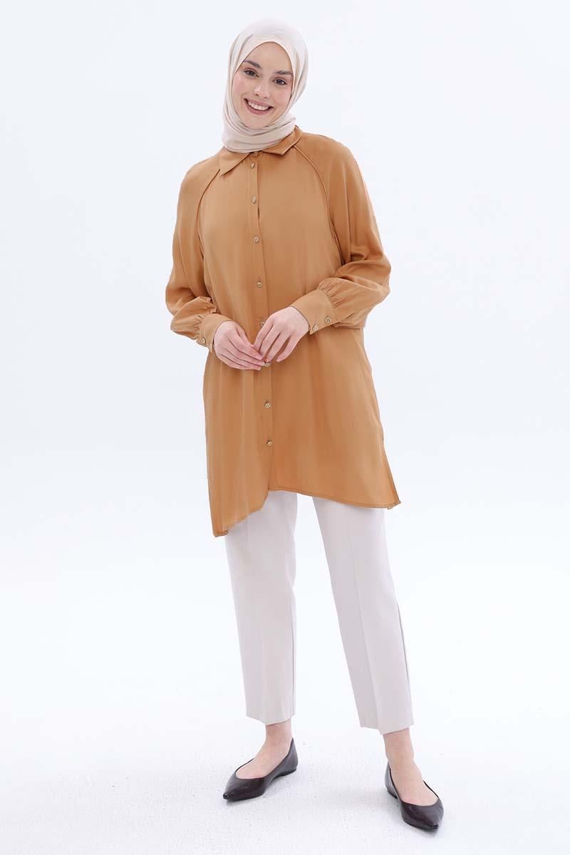 Camel-Plus Size Raglan Sleeve Shirt Tunic