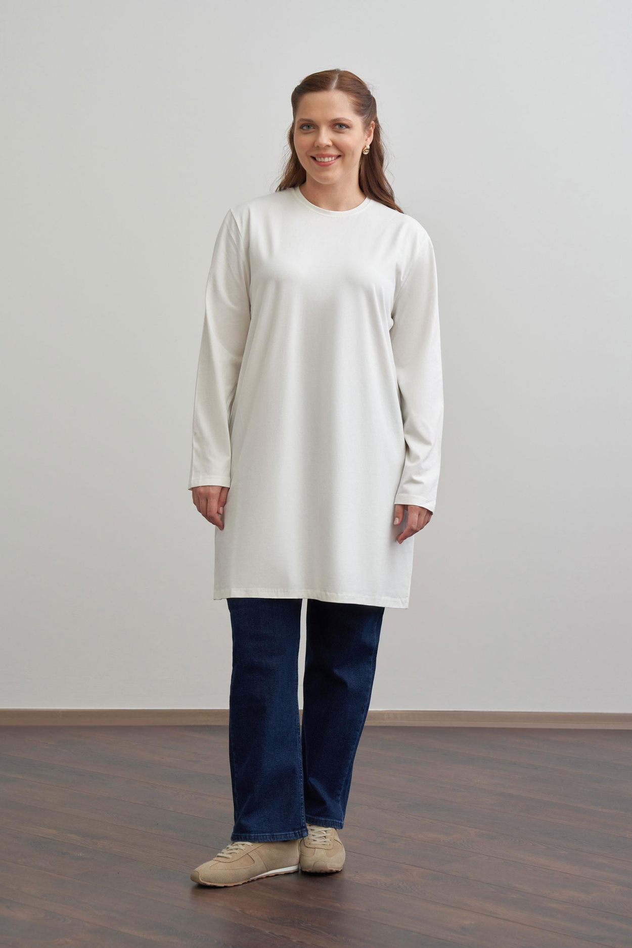 Ecrufarbene Jersey-Sweat-Tunika in großen Größen
