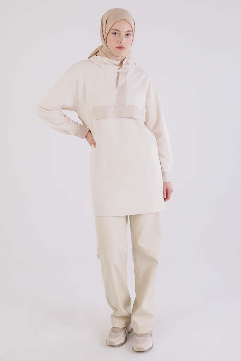 Ekru-Deri Garnili Kapüşonlu Sweat Tunik