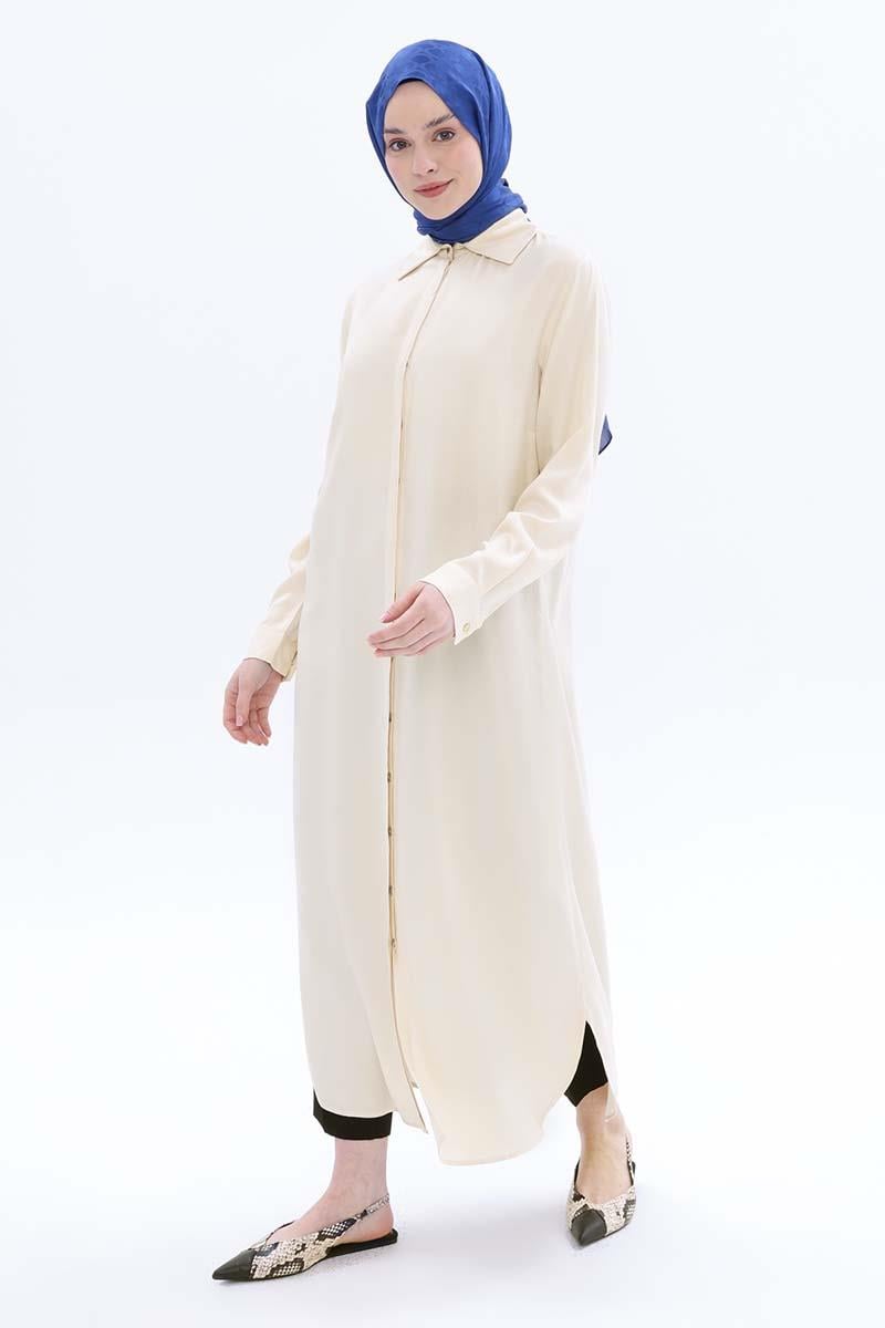Ecru-Hidden Placket Shirt Tunic