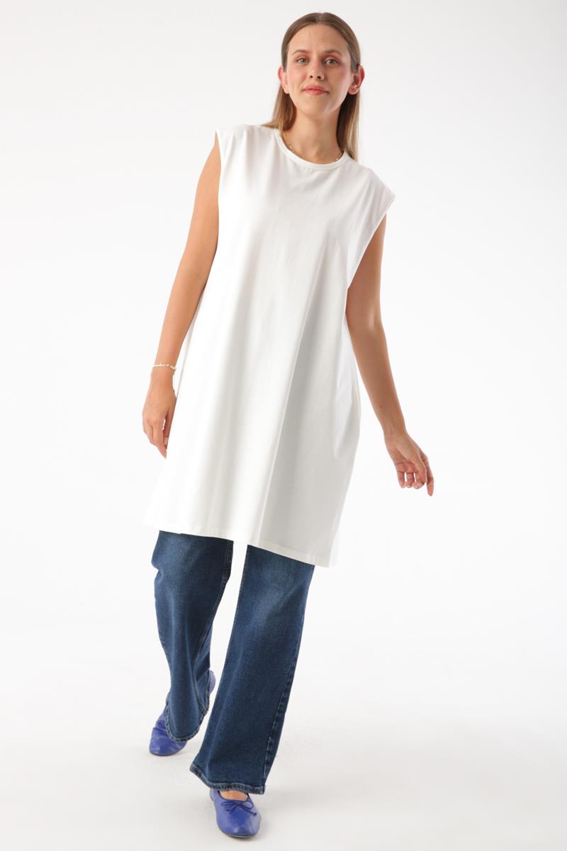 Ecru-Collar Piping Sleeveless T-Shirt Tunic