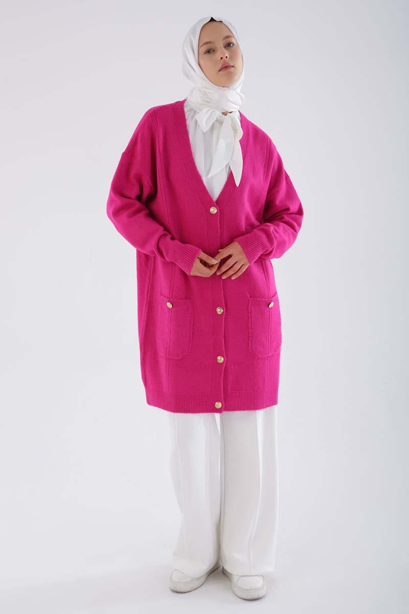 Fuchsia-Strickjacke mit V-Ausschnitt und Taschen