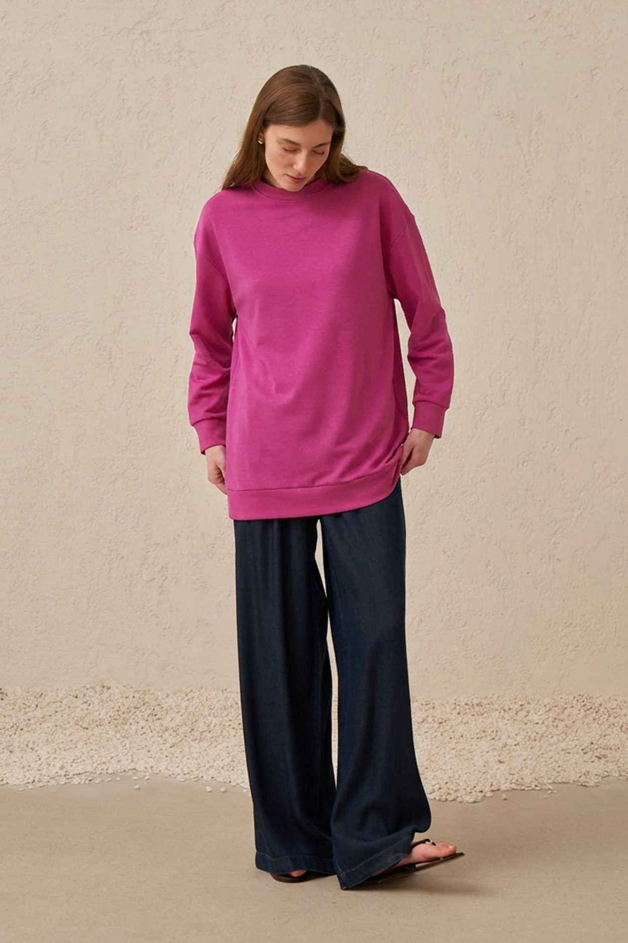 Fuşya-Yumuşak Dokulu Sweatshirt