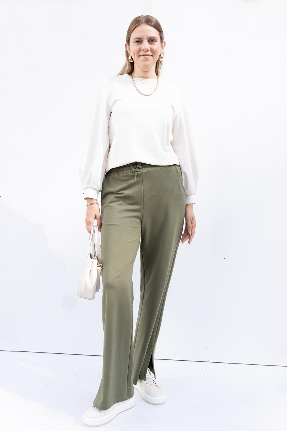 Khaki - Slit Detail Stretch Sweatpants