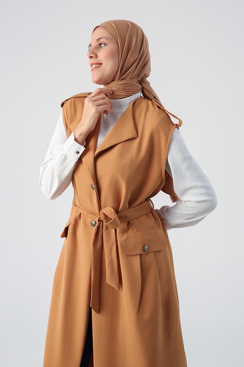 Mustard-Shoulder Epaulette Belted Pocket Vest