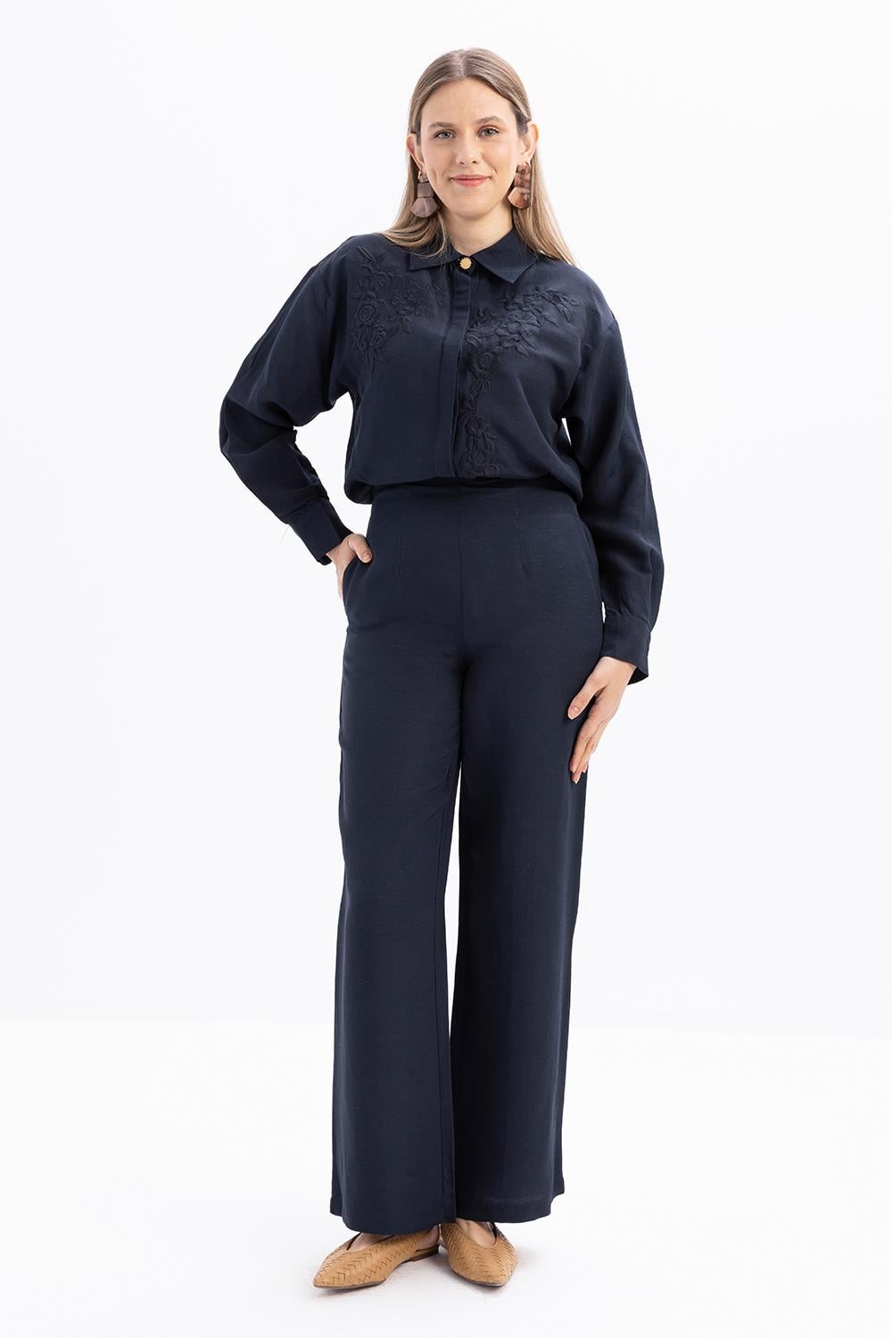 Indigo-Pantalon en lin à jambes larges