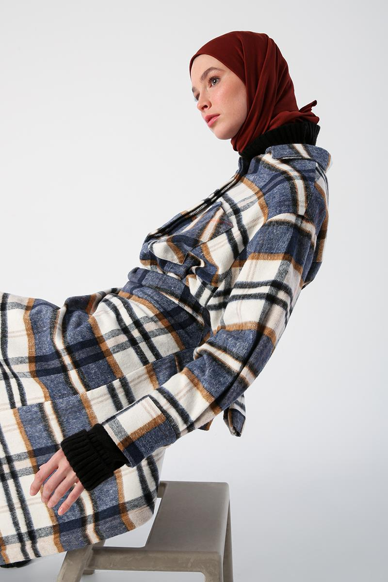 Indigo-Ecru-Comfortable Fit Hemdtunika