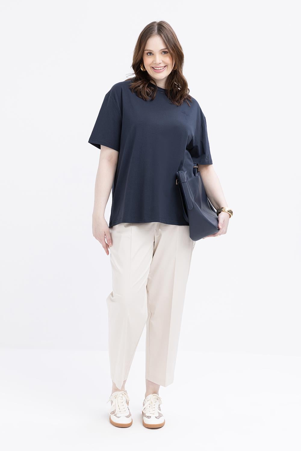 Indigo-T-shirt Suprem à Manches Courtes avec Détails de Broderie