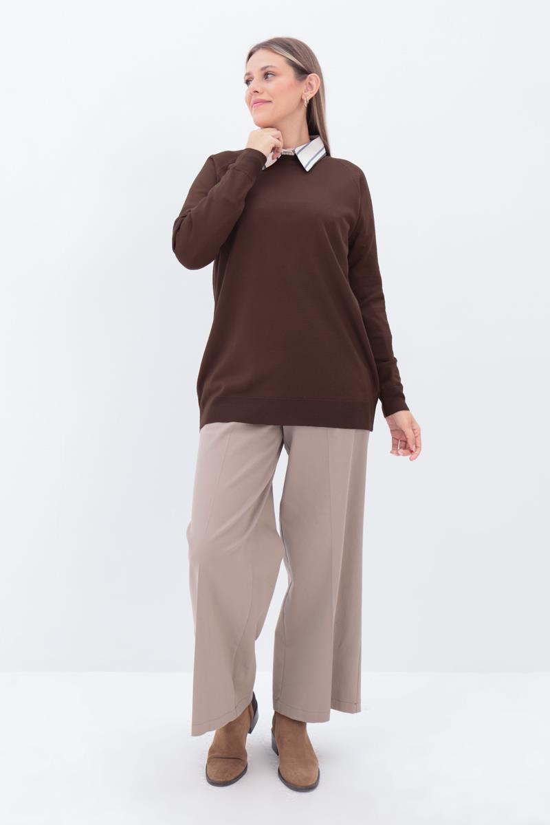 Kahve-BASİC REGLAN BİSİKLET YAKA KAZAK