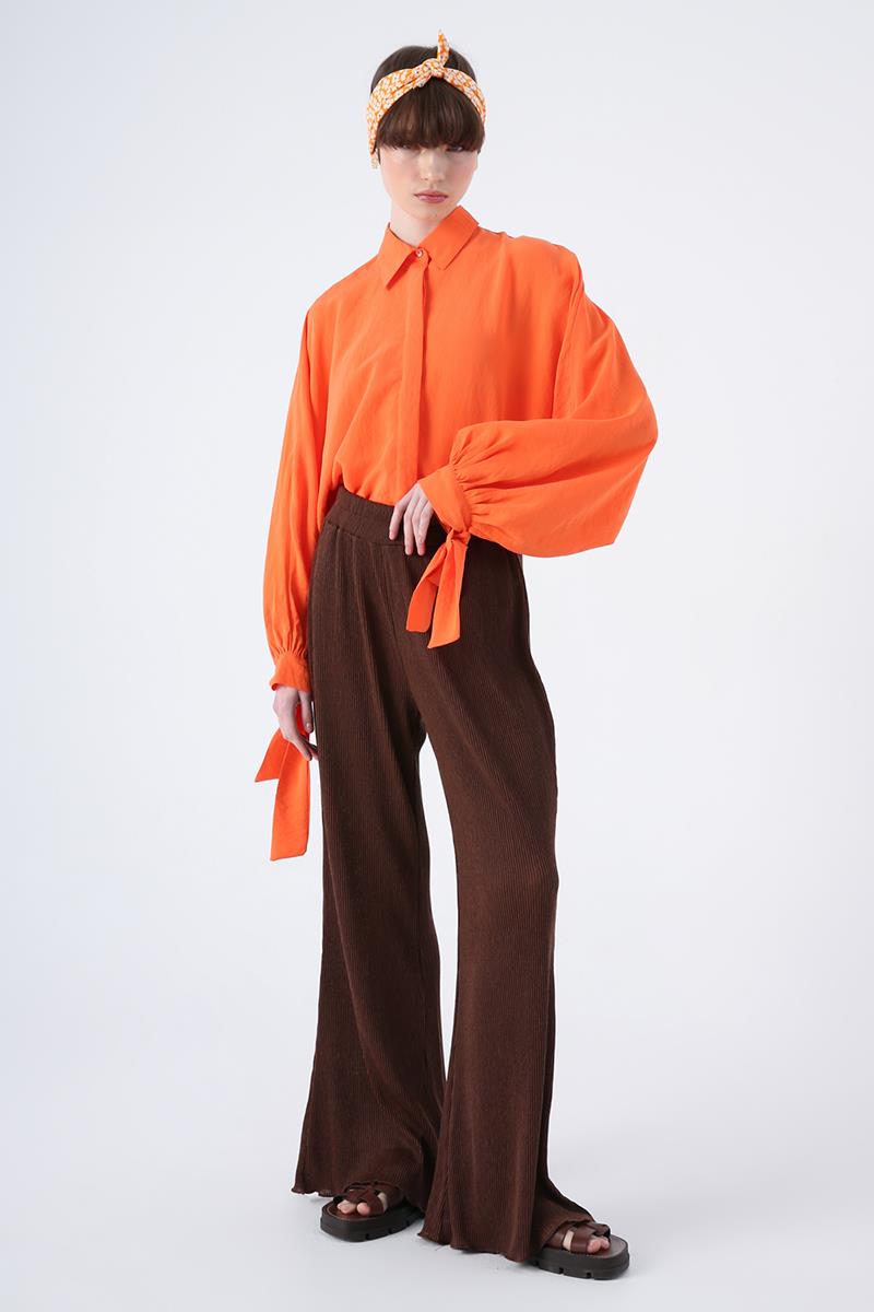 Brown-Pleated Wide Leg Elastic Waist Trousers