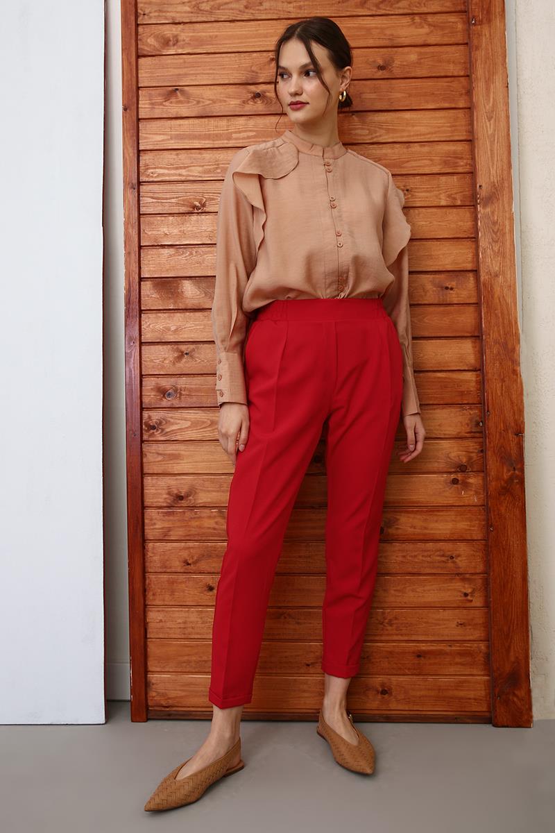 Red-Elastic Waist Carrot Trousers