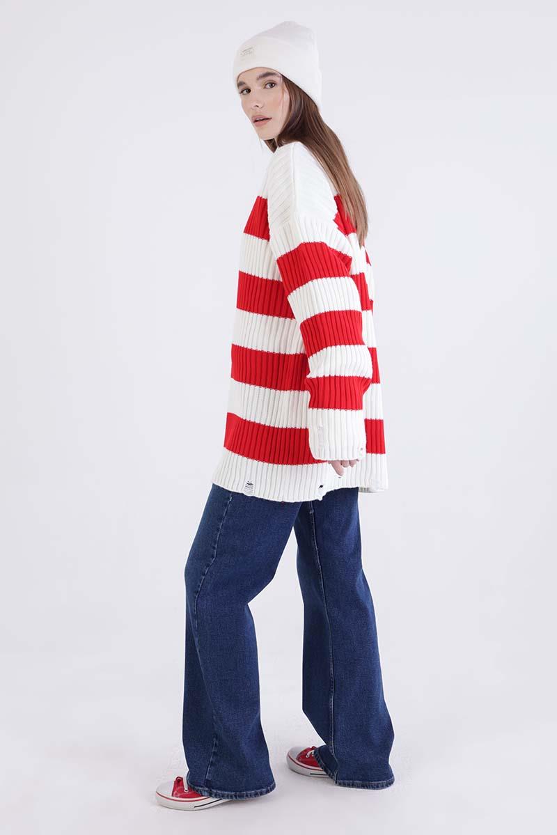 Red-Ecru-Ripped Detailed Knitwear Sweater