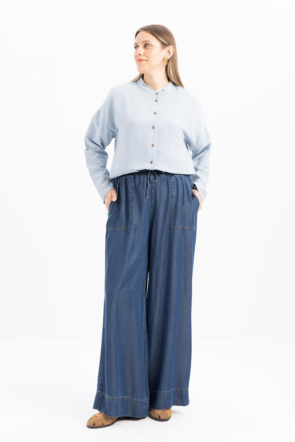 Koyu Mavi-Beli Lastikli Bol Paça Denim Tencel Pantolon