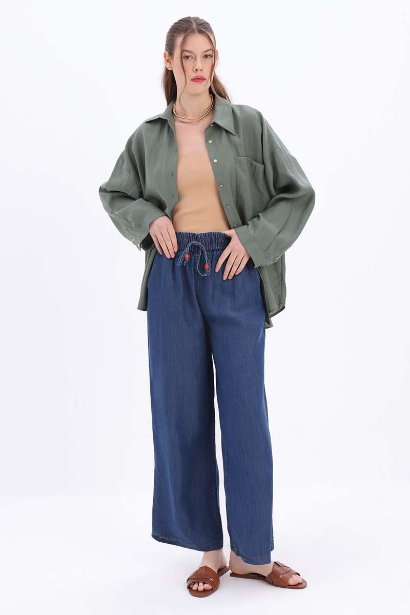 Koyu Mavi-Beli Lastikli Denim Pantolon