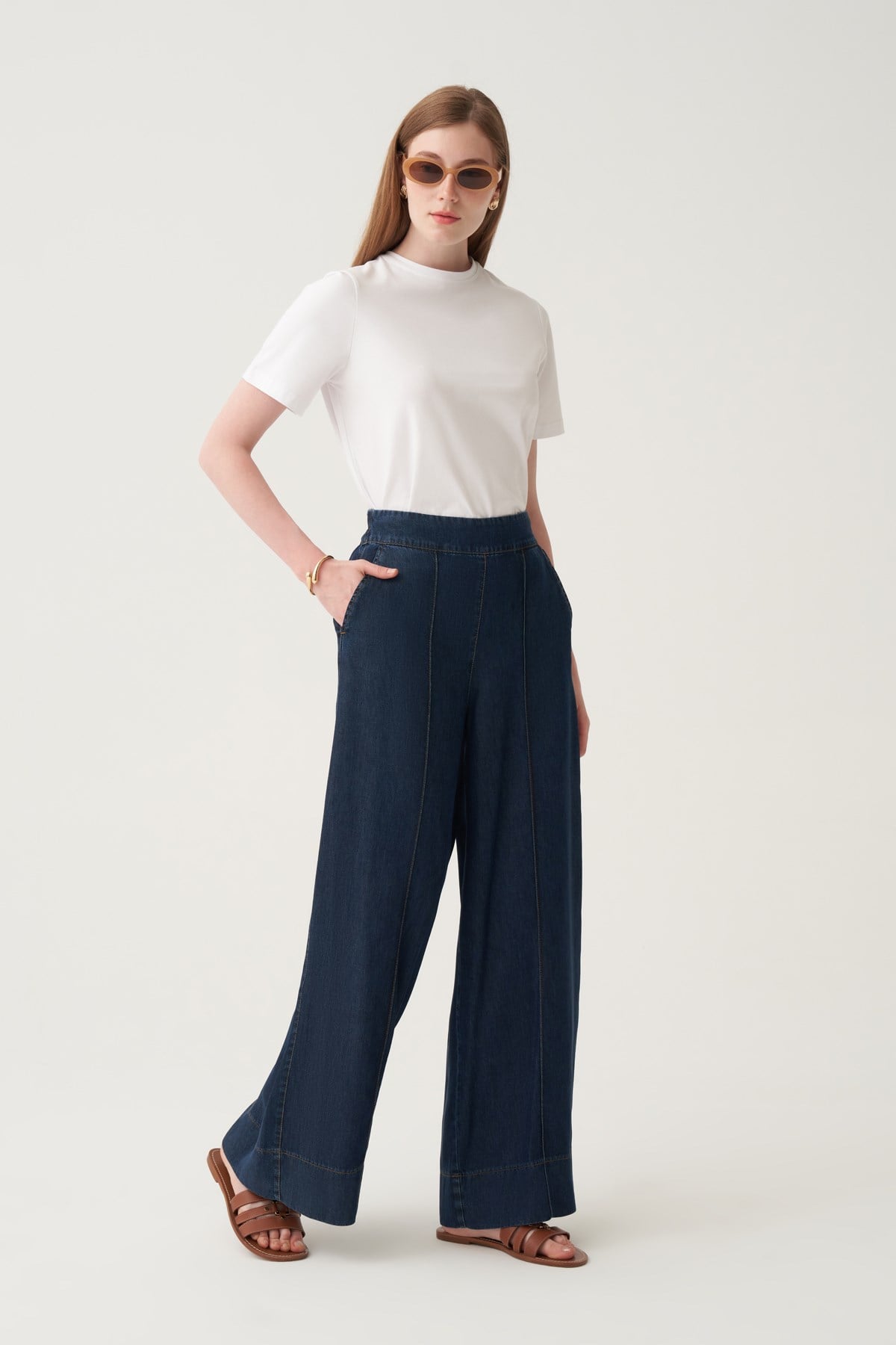 Koyu Mavi-Bol Paça Denim Tensel Pantolon