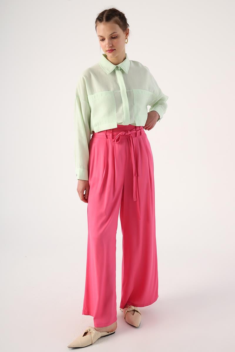 Dark Pink-Elastic Waist Pleated Wide Leg Viscose Trousers