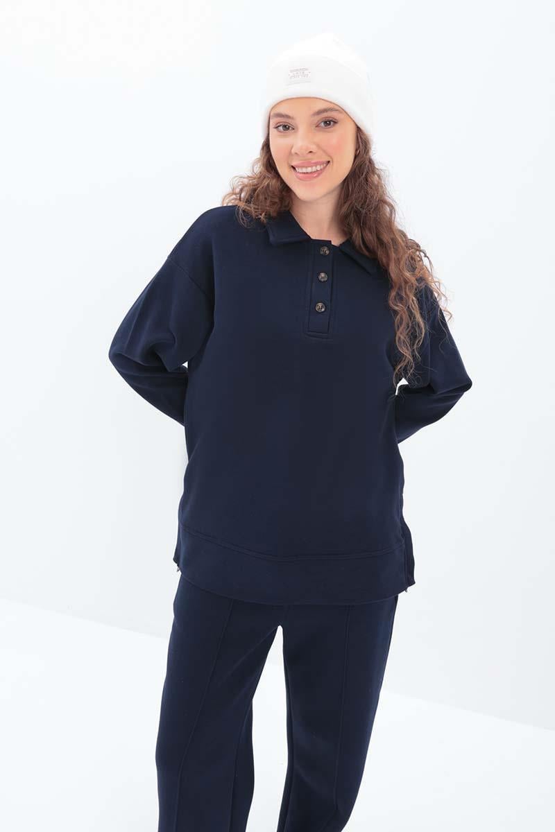 Navy Blue-ZIPPERED SIDES COLLAR SWEAT TUNIC