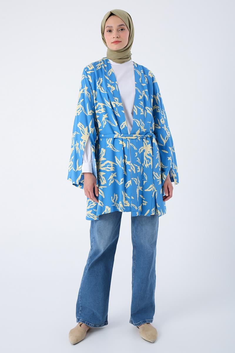 Blue-Beige-Oversized Sleeve Slit Detailed Belted Patterned Kimono