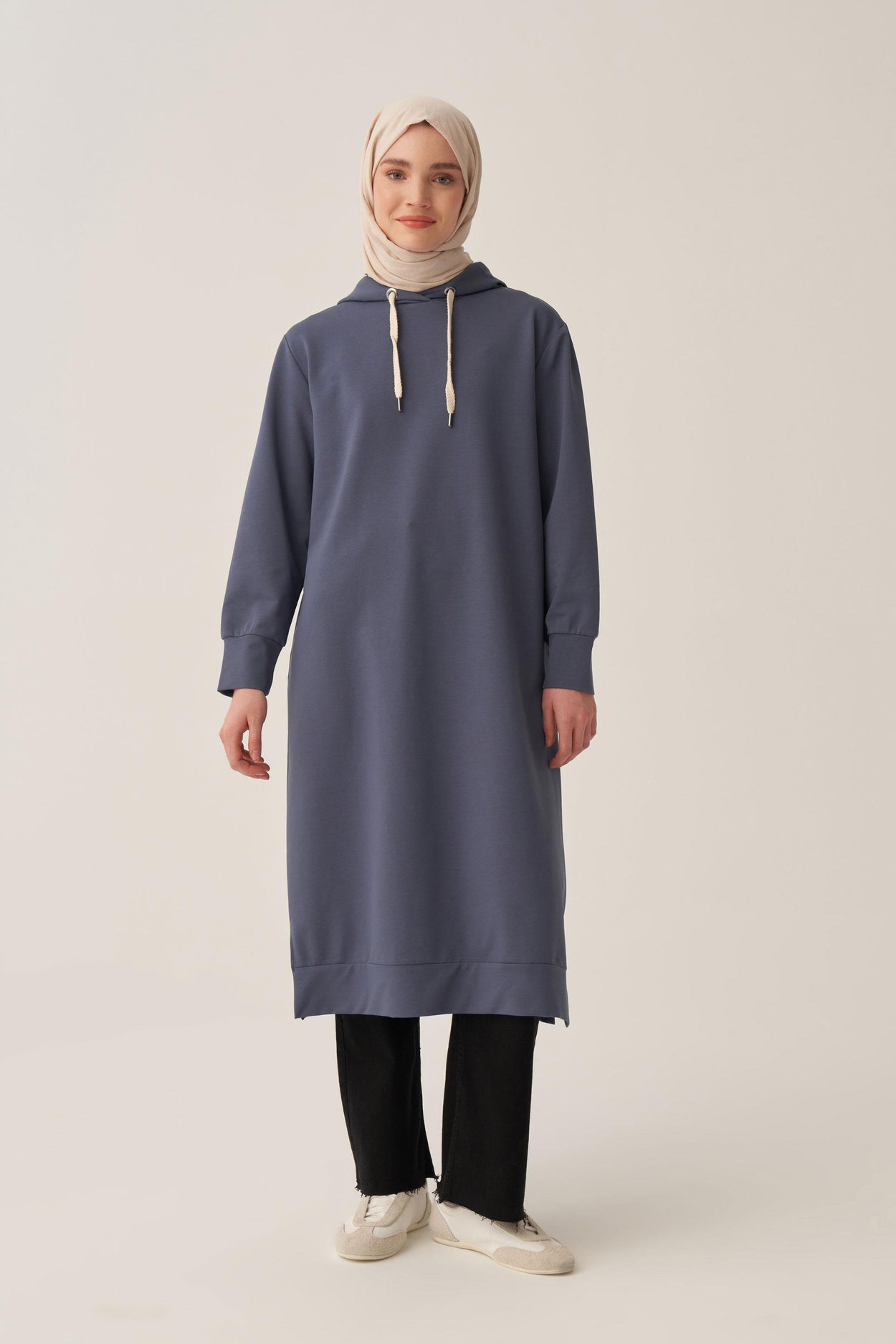 Mavi-Kapüşonlu Rahat Tunik