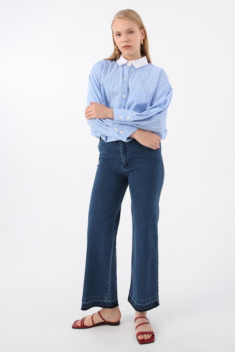 Pantalon large en denim bleu en coton
