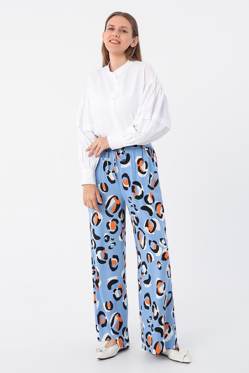 Blue-Black-Screen Patterned Wide Leg Viscose Trousers with Elastic Waist