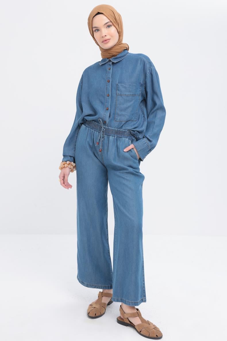 Blue01-Waist Elastic Denim Pants