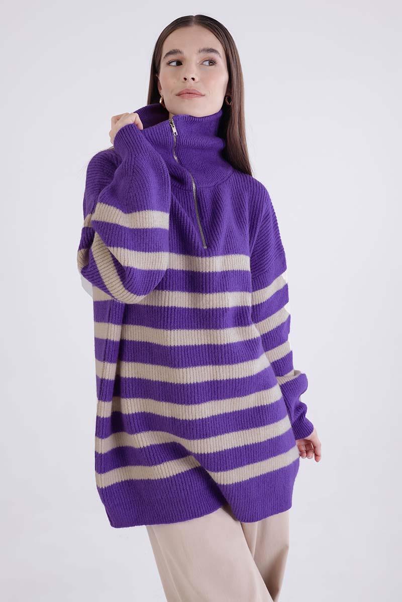 Purple-Stone-Turtleneck Zippered Knitwear Sweater