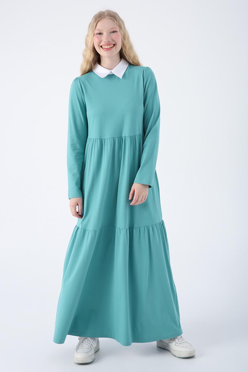 Robe tricotée à volants et poches à col chemise en coton bleu Neptune