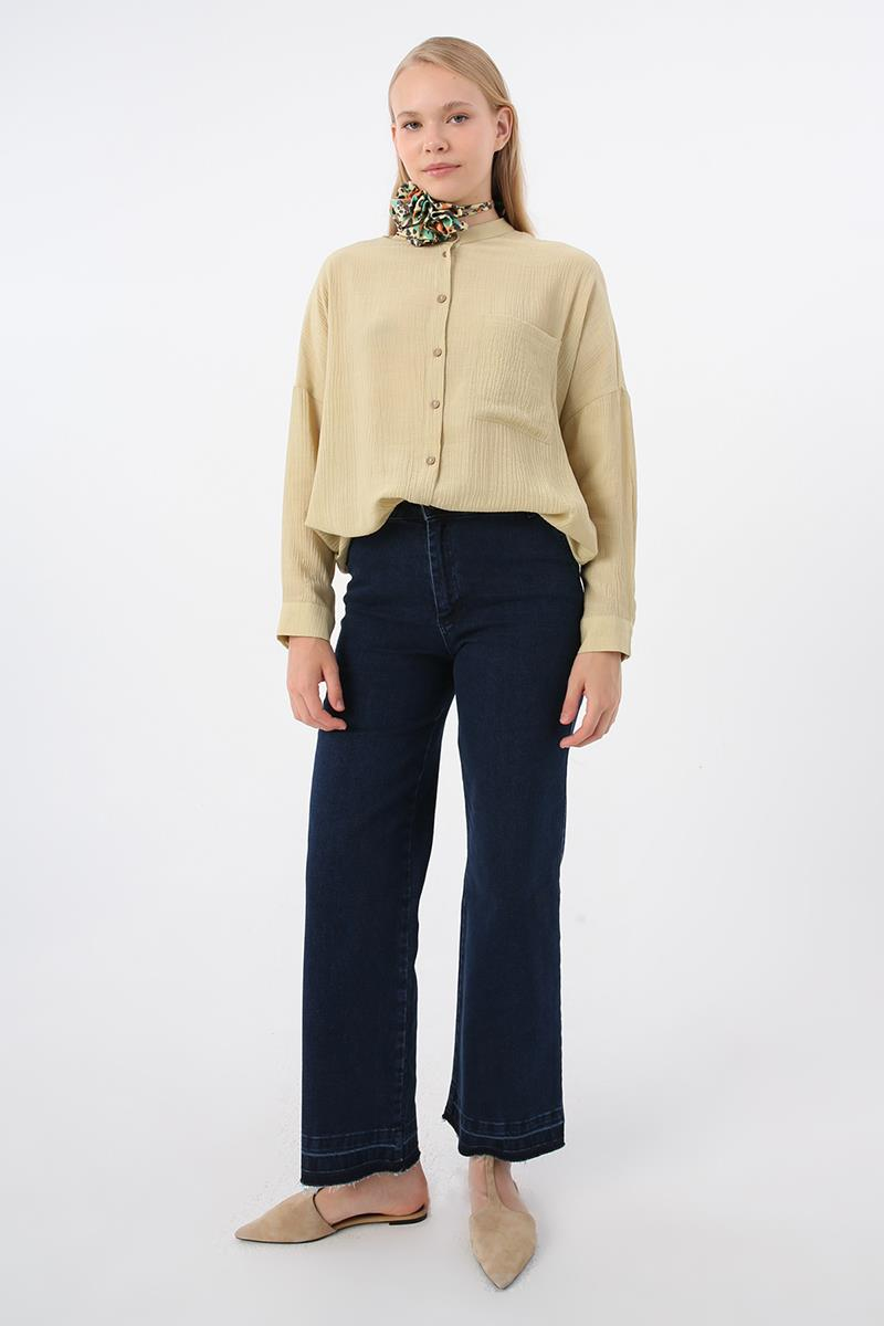 Pantalon large en denim bleu moyen en coton