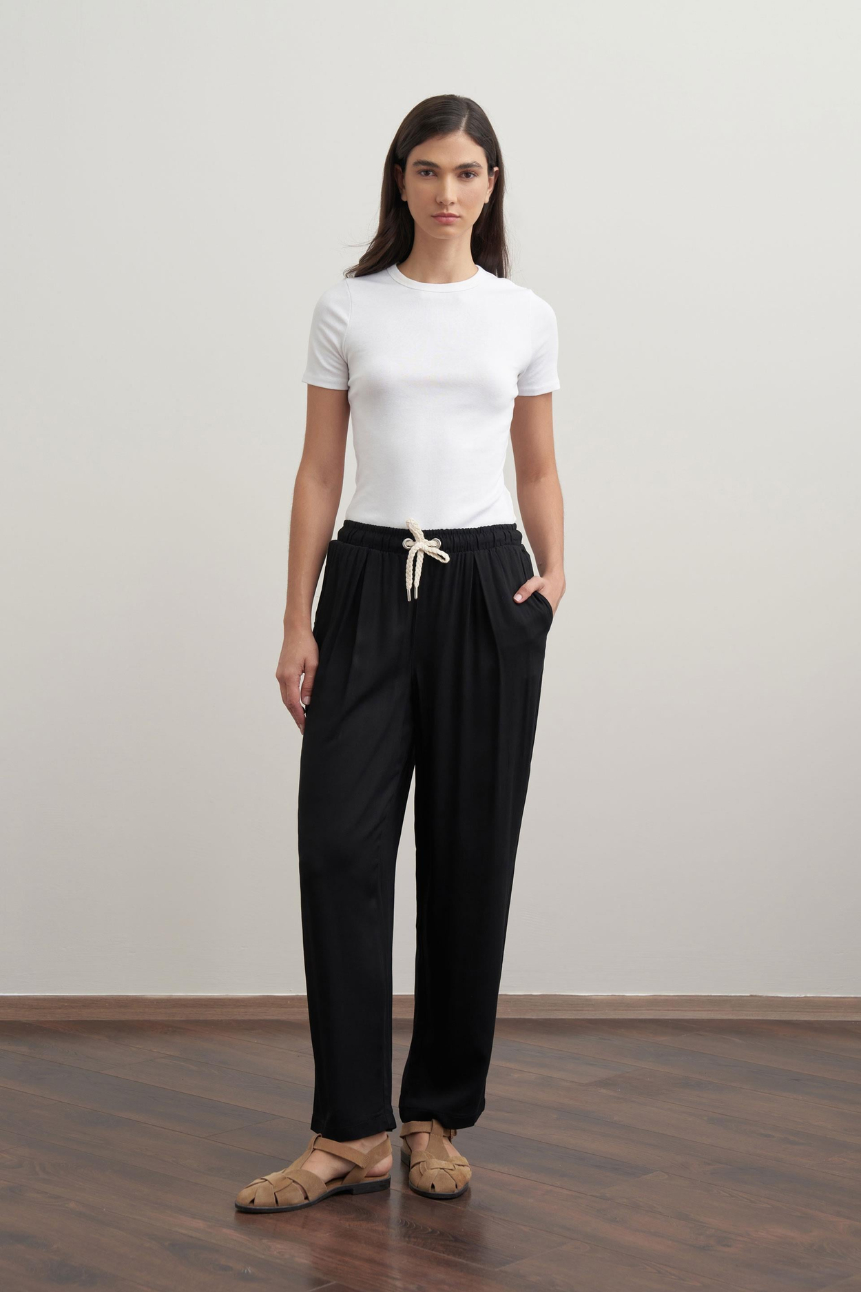 Noir - Pantalon large à taille élastique