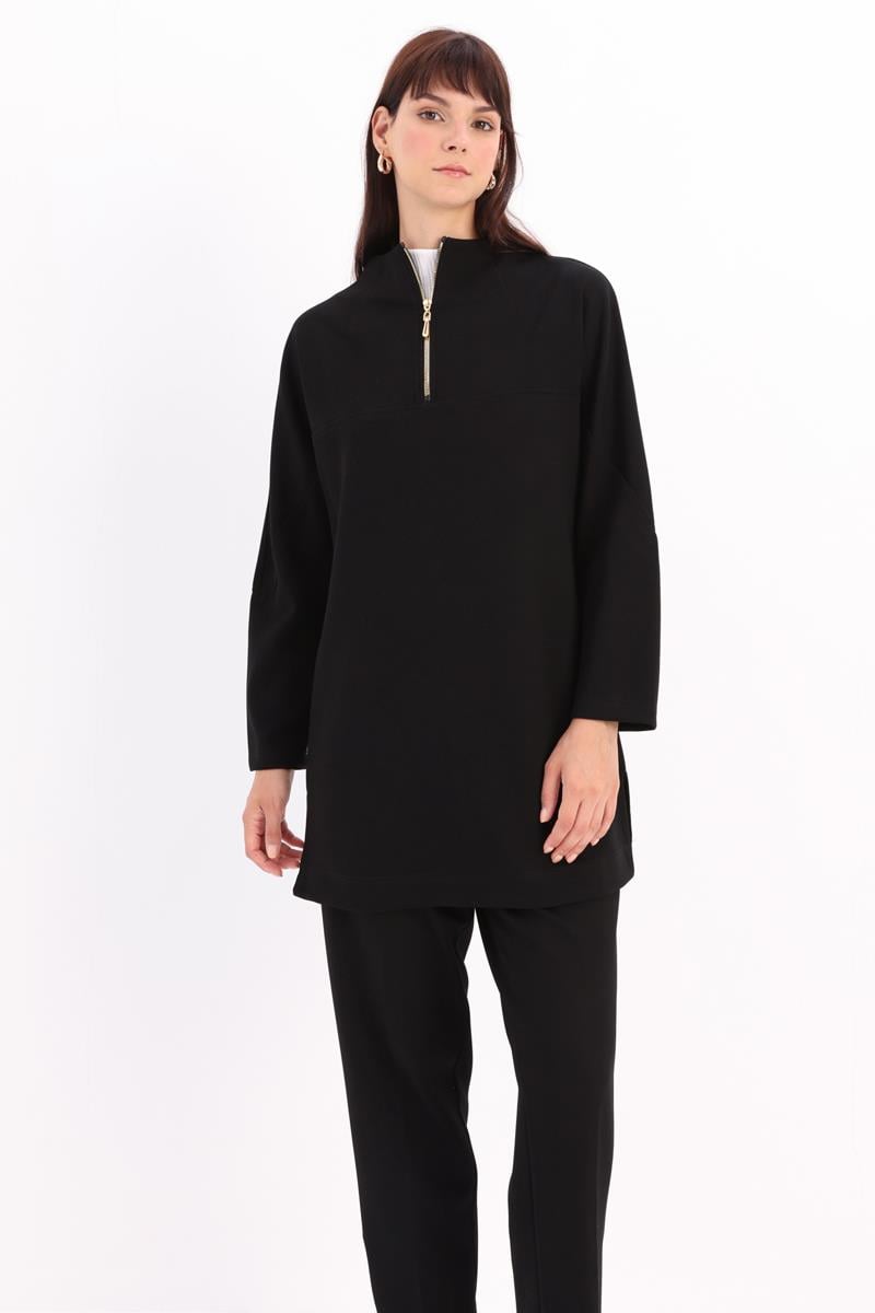 Black-High Collar Robe Tunic