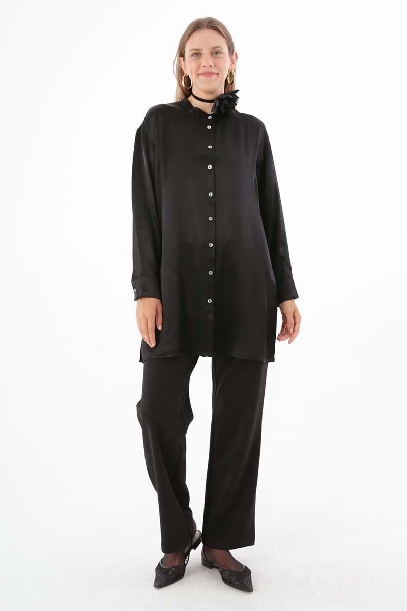 Black-Made Collar Shirt Tunic with Slits on the Sides