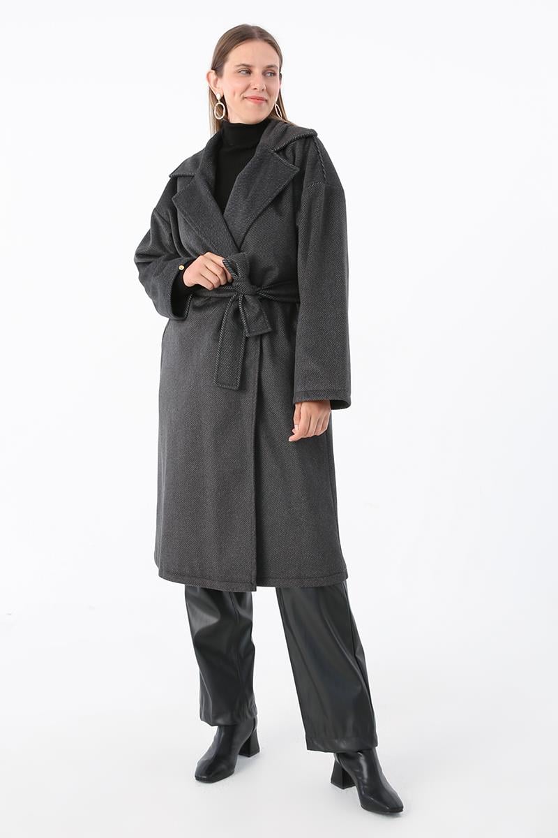 Black-Double Breasted Collar Belted Stash Coat