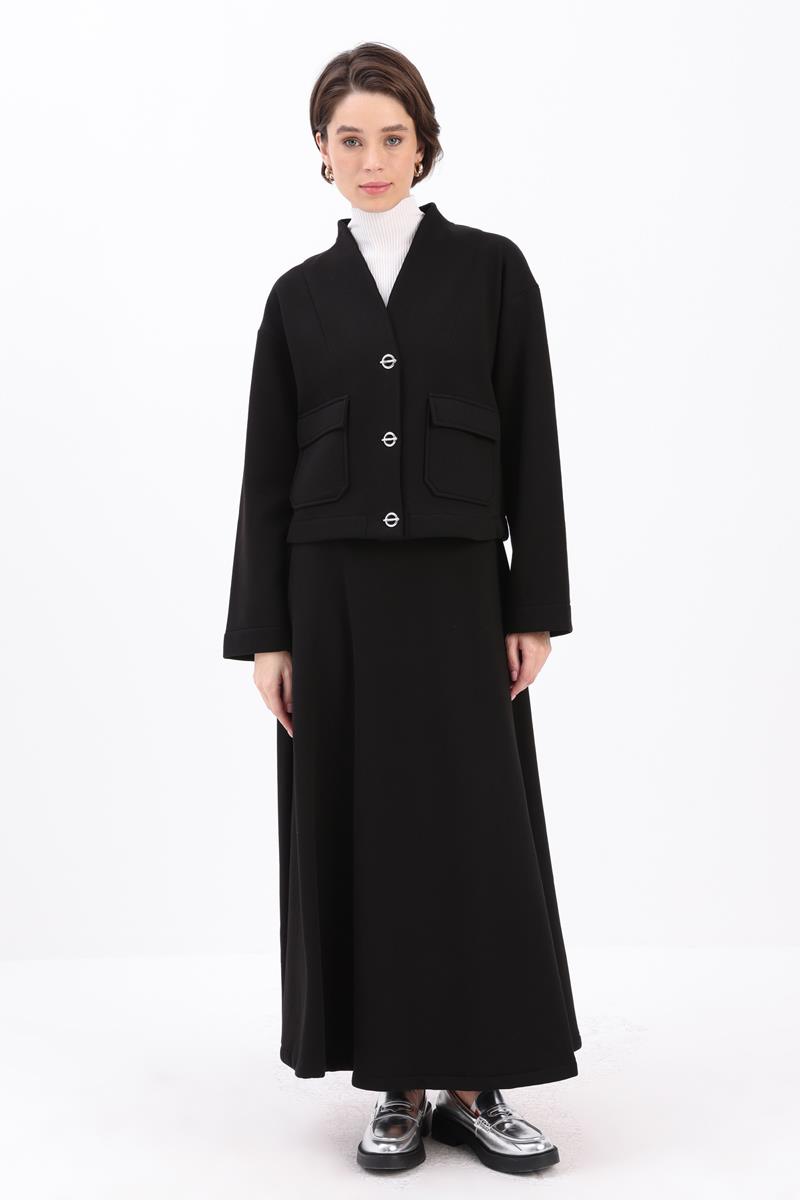 Black-METAL BUTTON DRESSED SKIRT SUIT