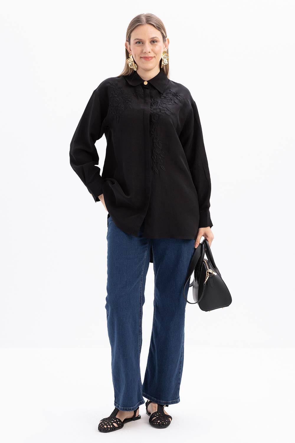 Black-Viscose Shirt Tunic With Waist Ties