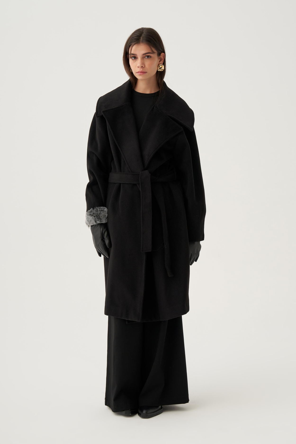 Black-Oversize Belted Cashew Coat