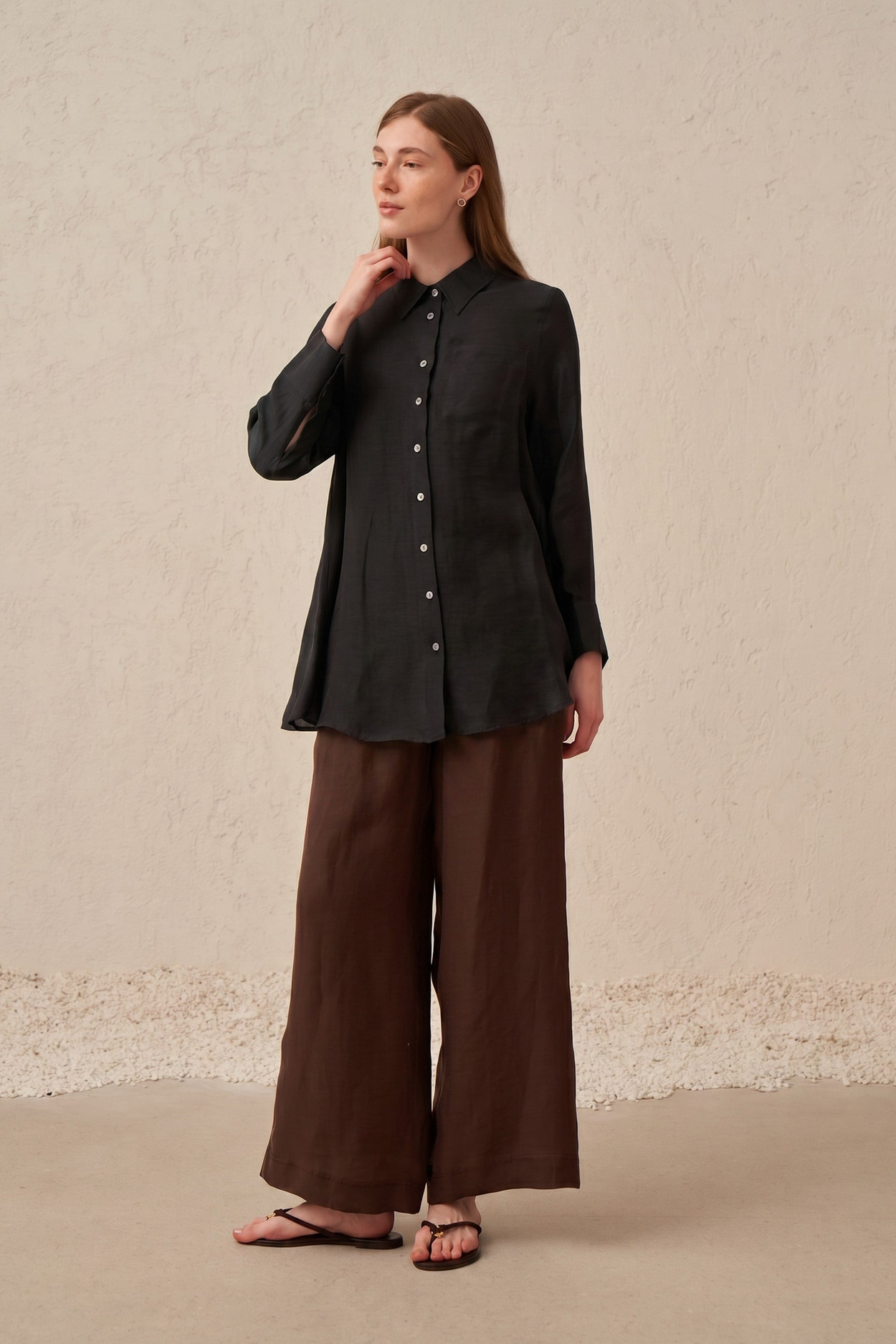 Siyah-Oversize Tensel Keten Gömlek