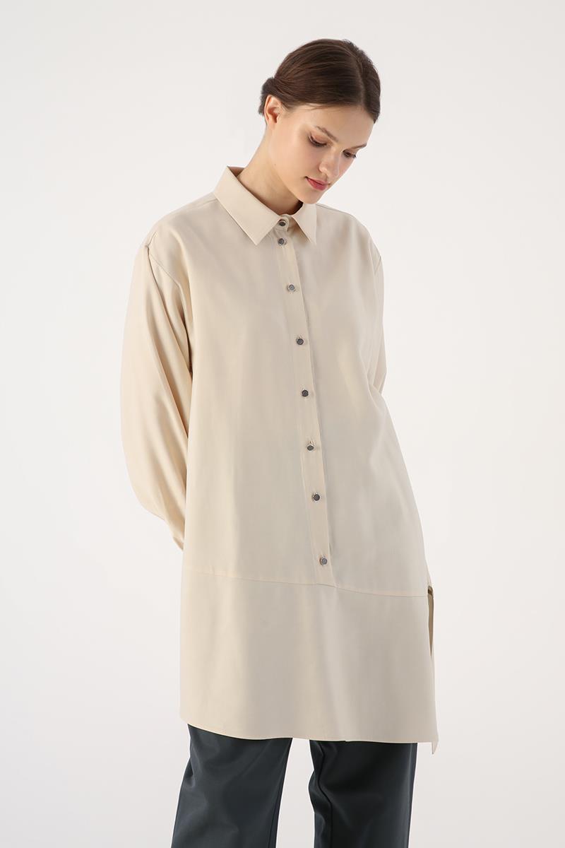 Stone-Skirt Asymmetrical Slit Shirt Collar Tunic