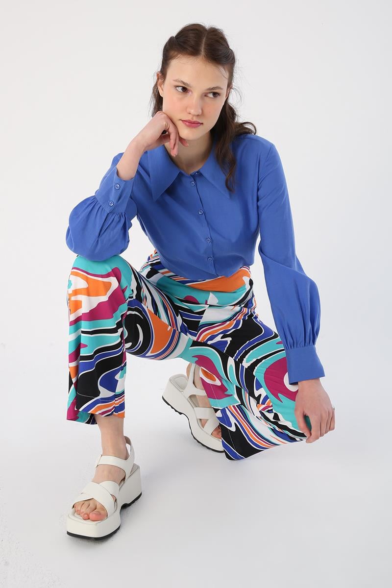 Turquoise-Orange-Spanish Patterned Viscose Trousers with Elastic Waist