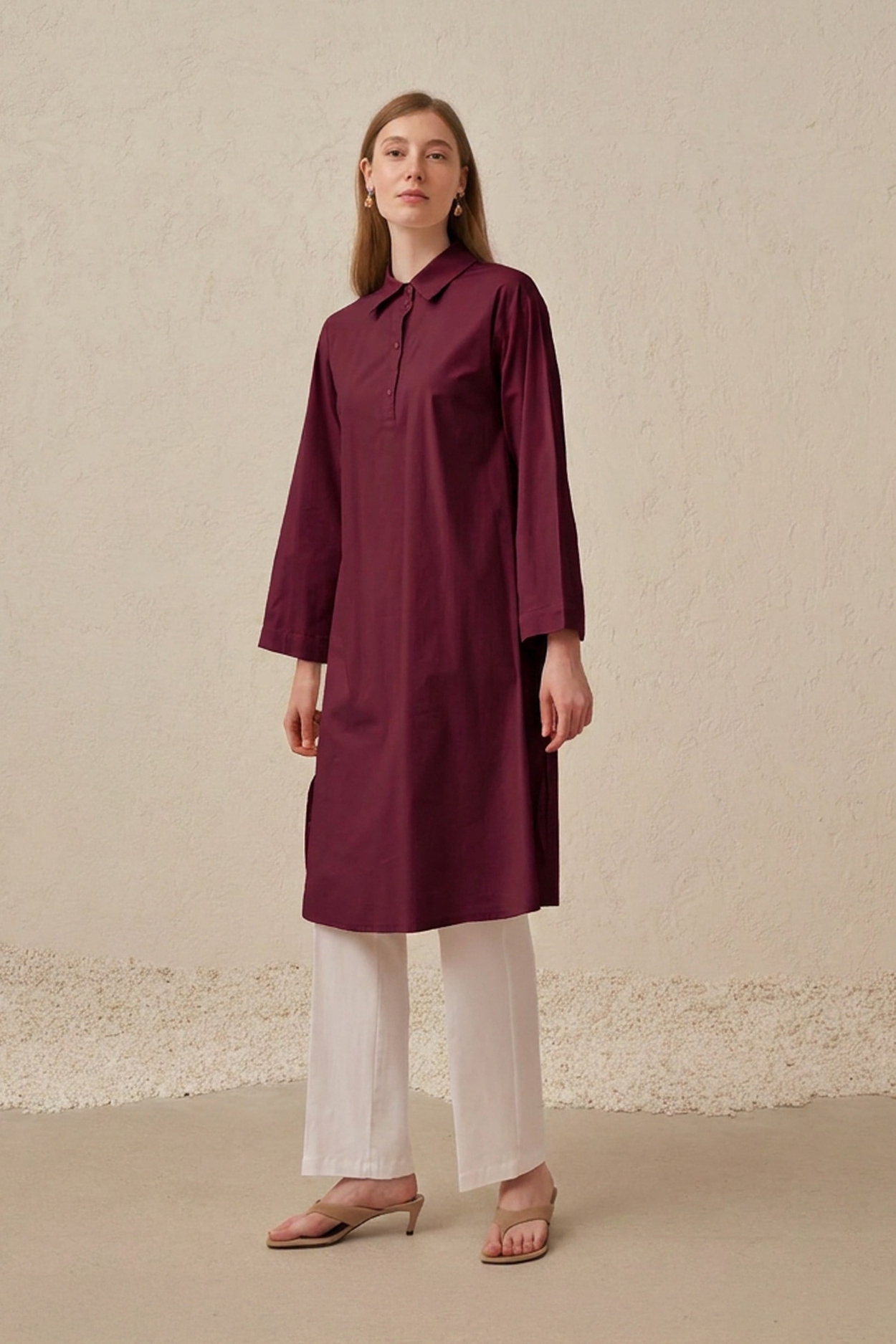 Vişne-Düğme Detaylı Poplin Tunik