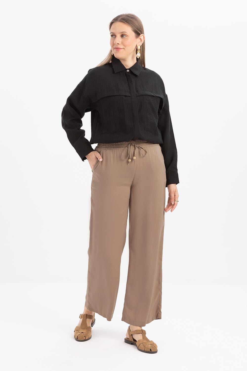 Beige-Elastic Waist Denim Trousers