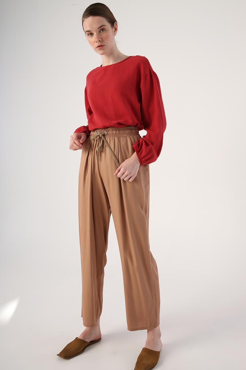 Pantalon large à taille élastique en vison