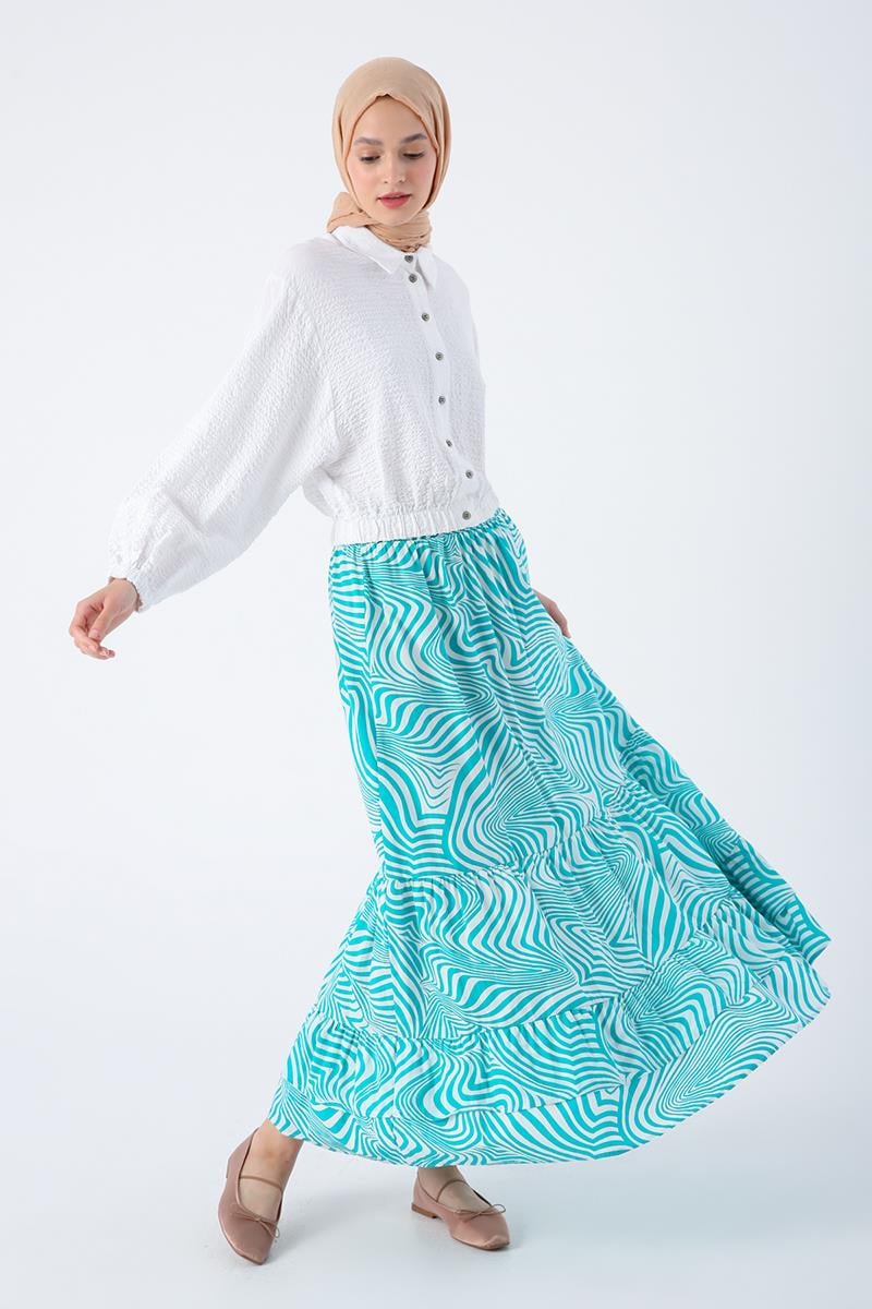 Green-White-100% Cotton Patterned Skirt with Elastic Waist and Ruffle Detail