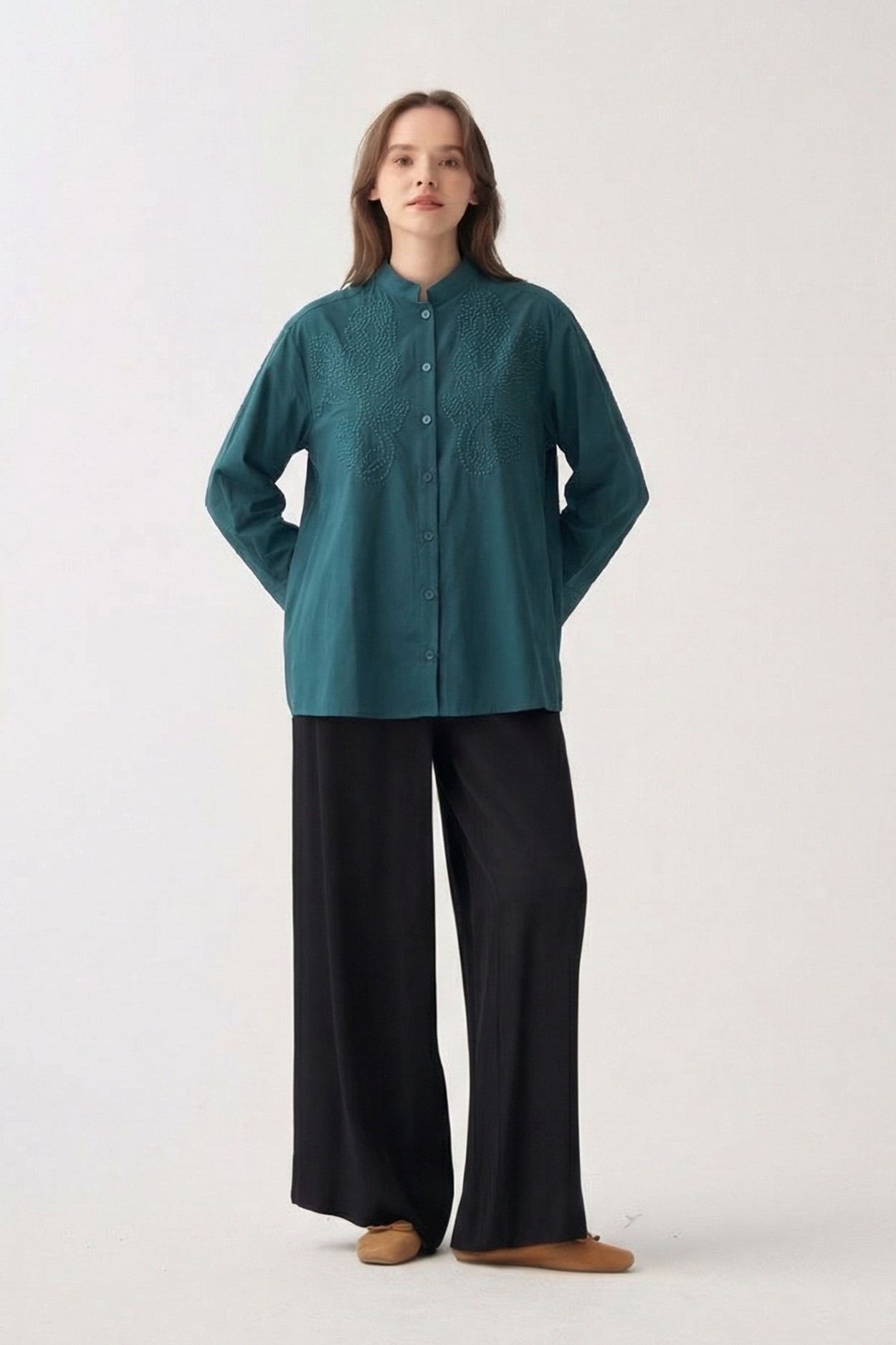 Green-Embroidered Detail Shirt