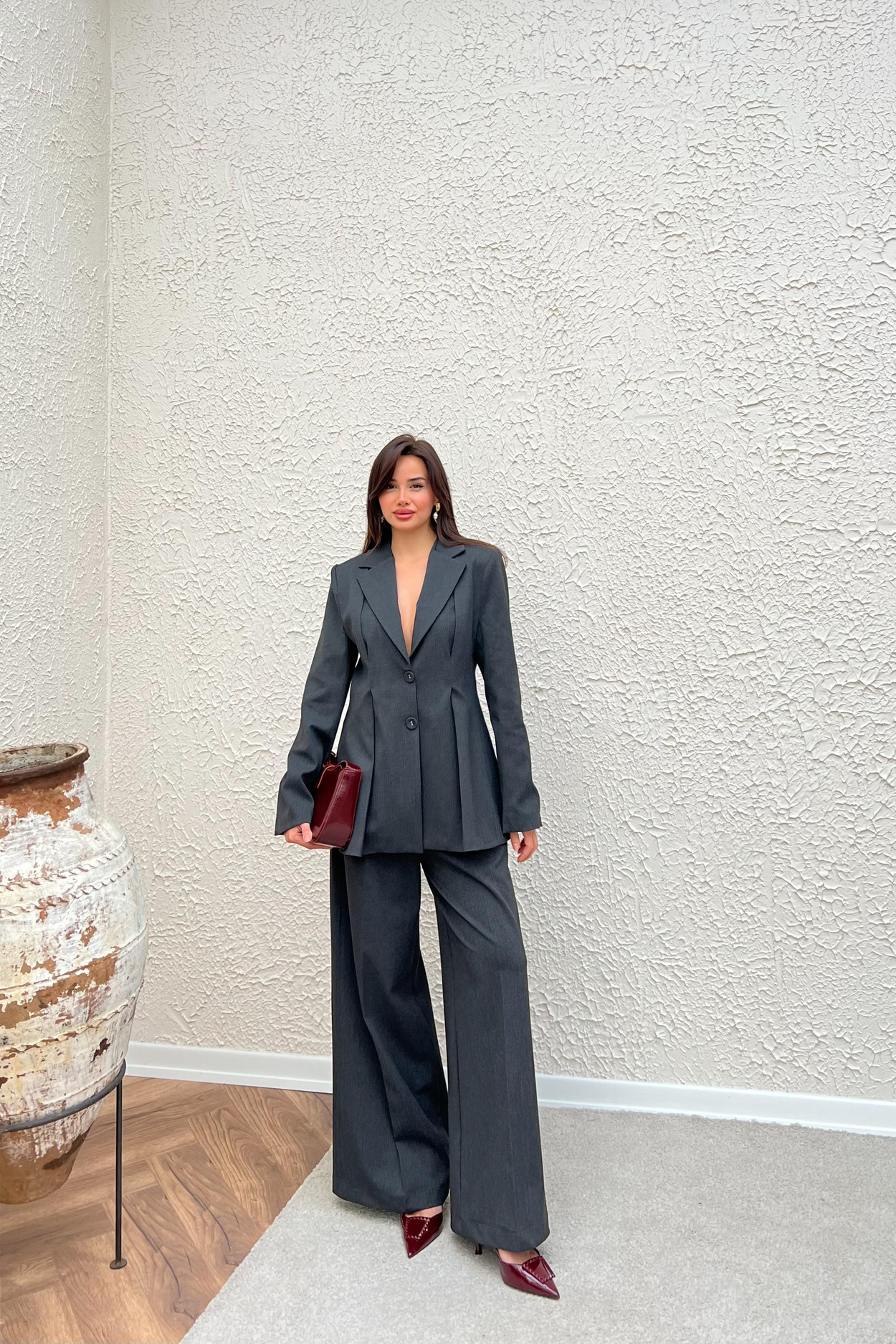 Pileli Blazer Pantolon Takım - ANTRASİT