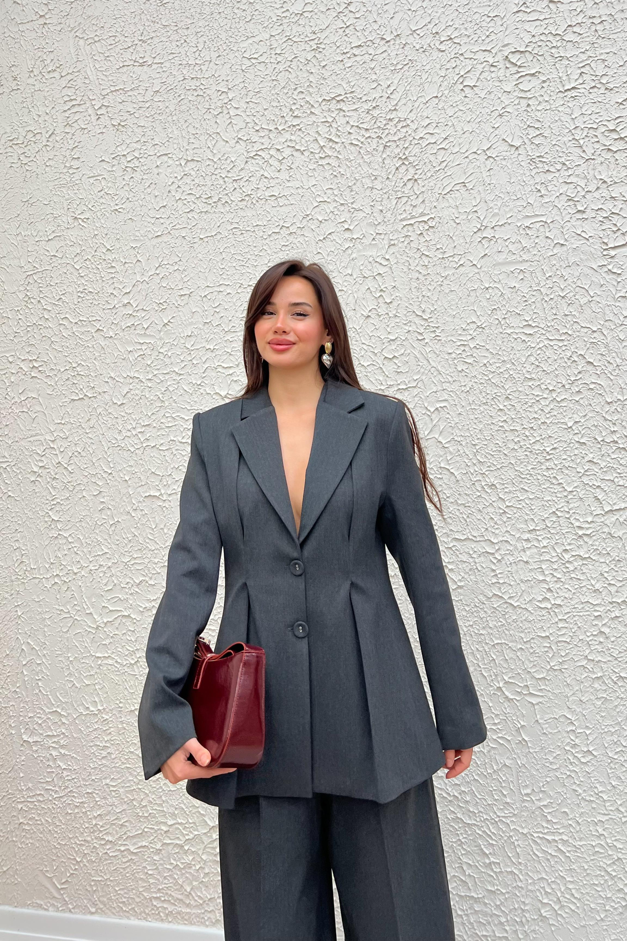 Pileli Blazer Pantolon Takım - ANTRASİT