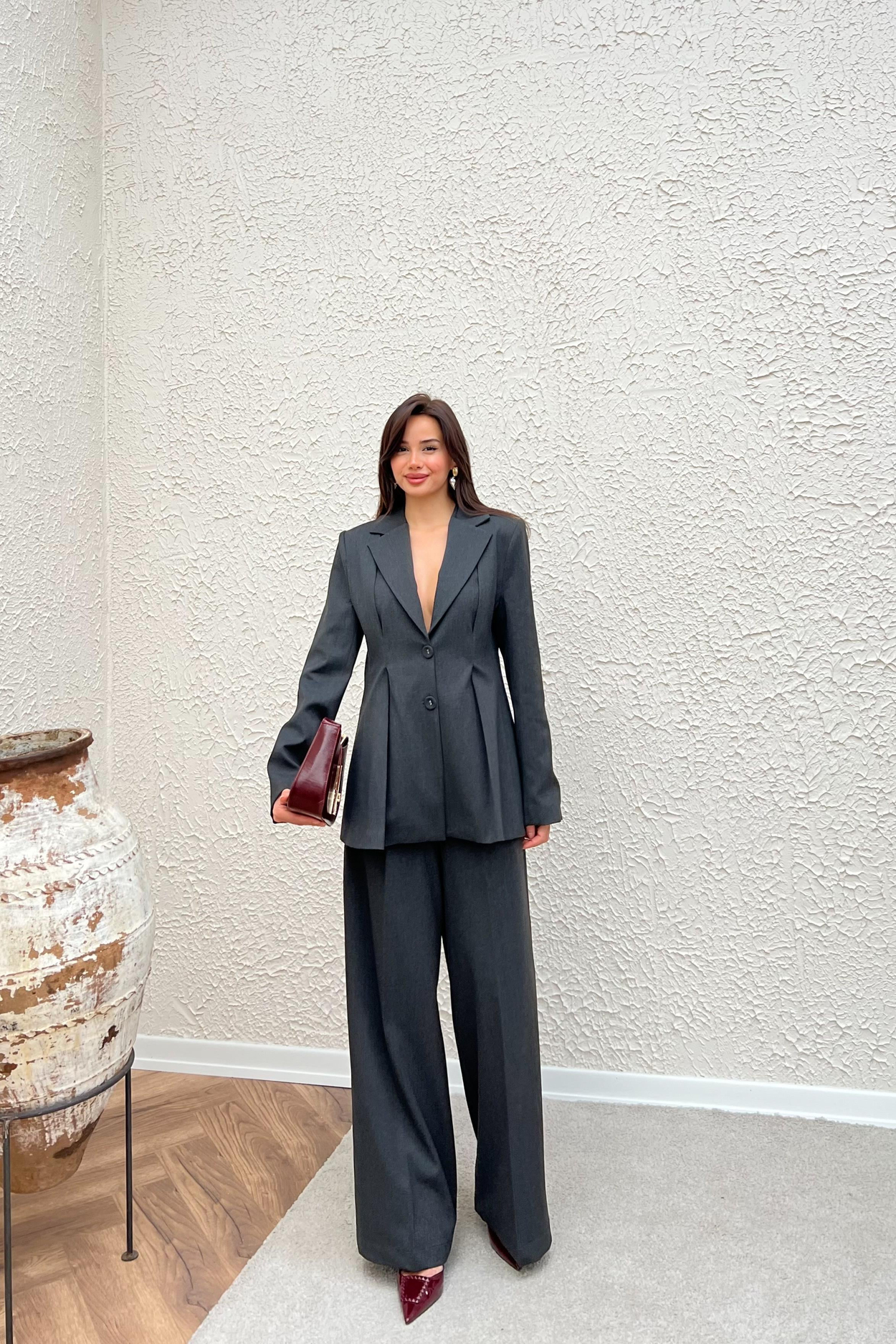 Pileli Blazer Pantolon Takım - ANTRASİT
