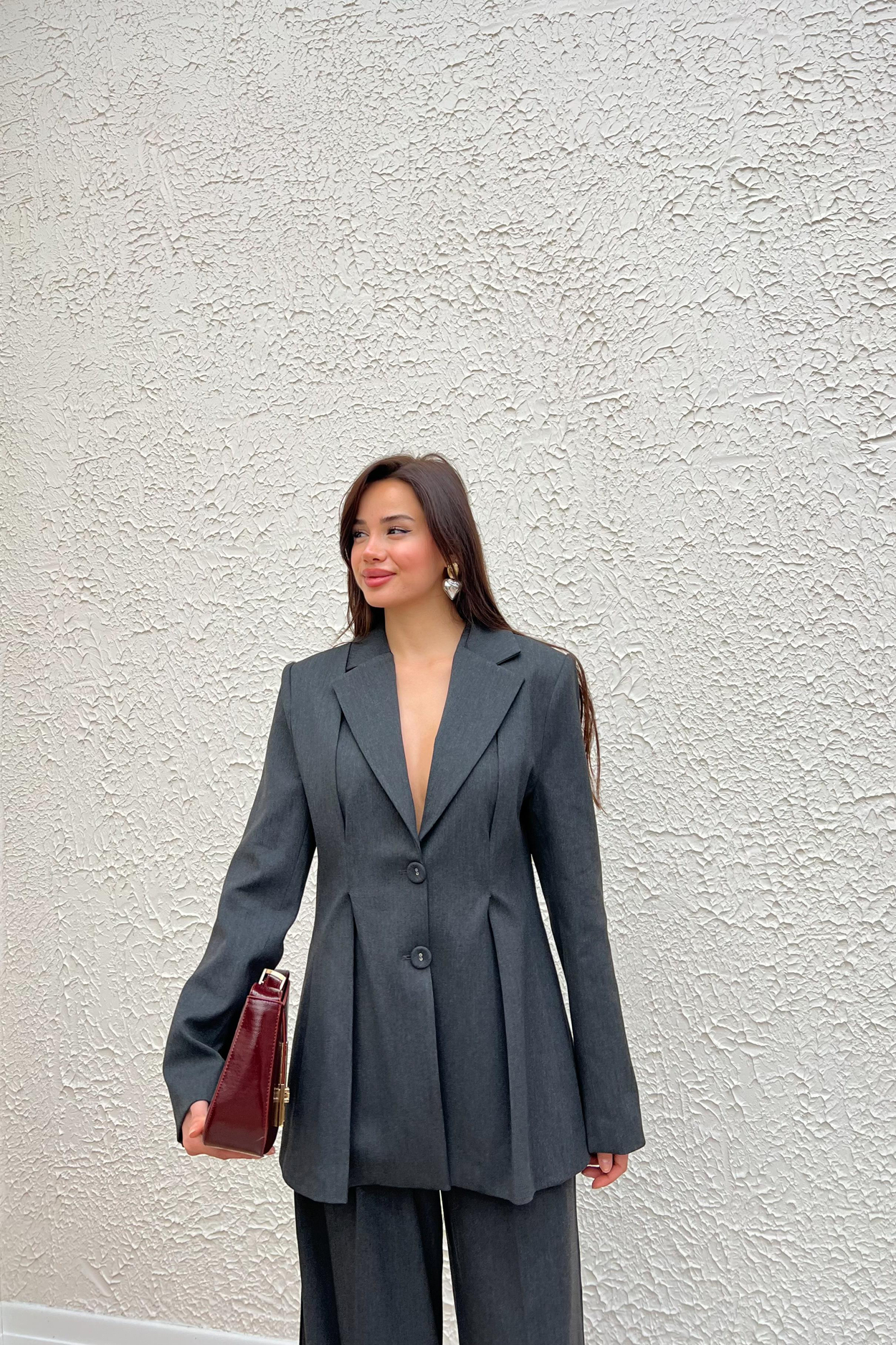 Pileli Blazer Pantolon Takım - ANTRASİT