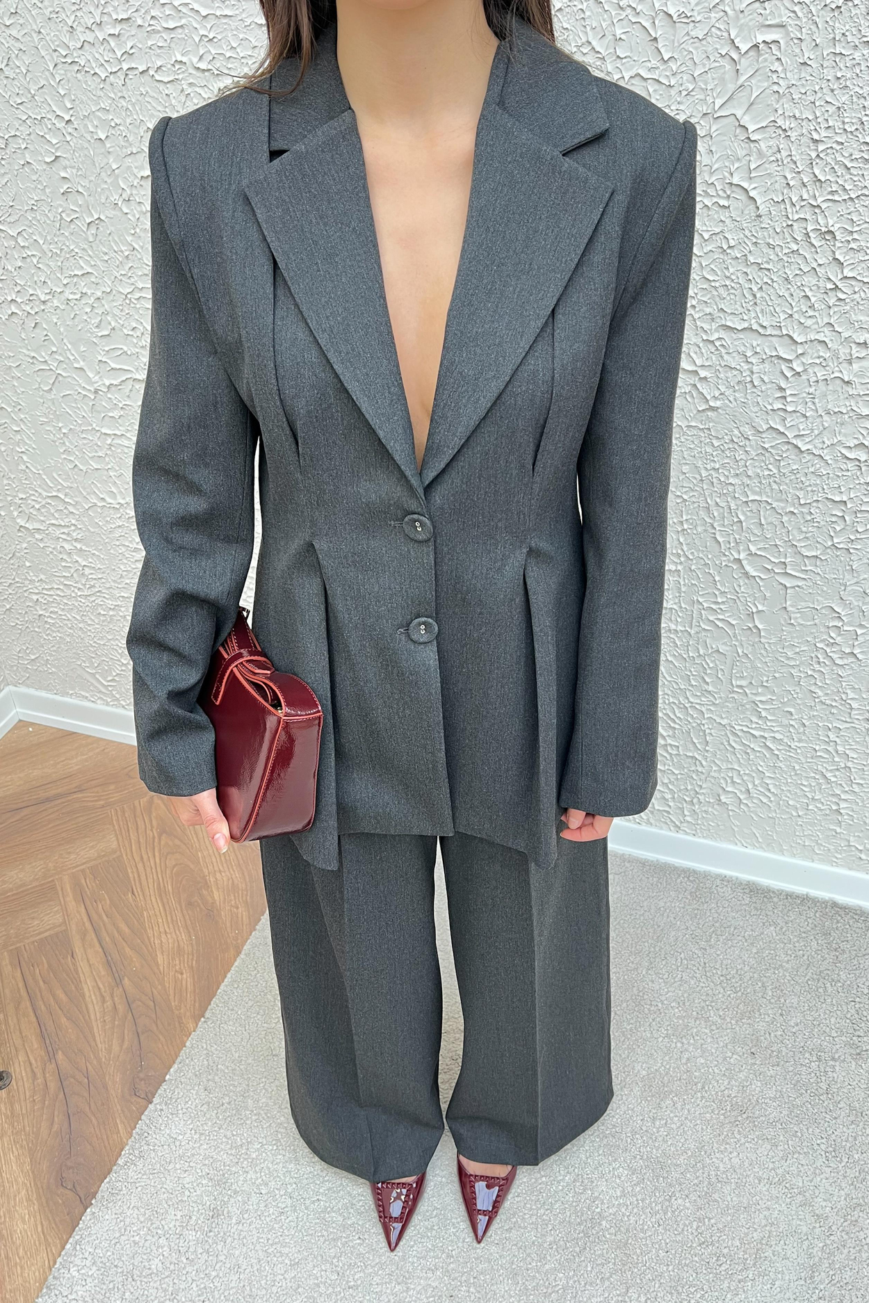 Pileli Blazer Pantolon Takım - ANTRASİT